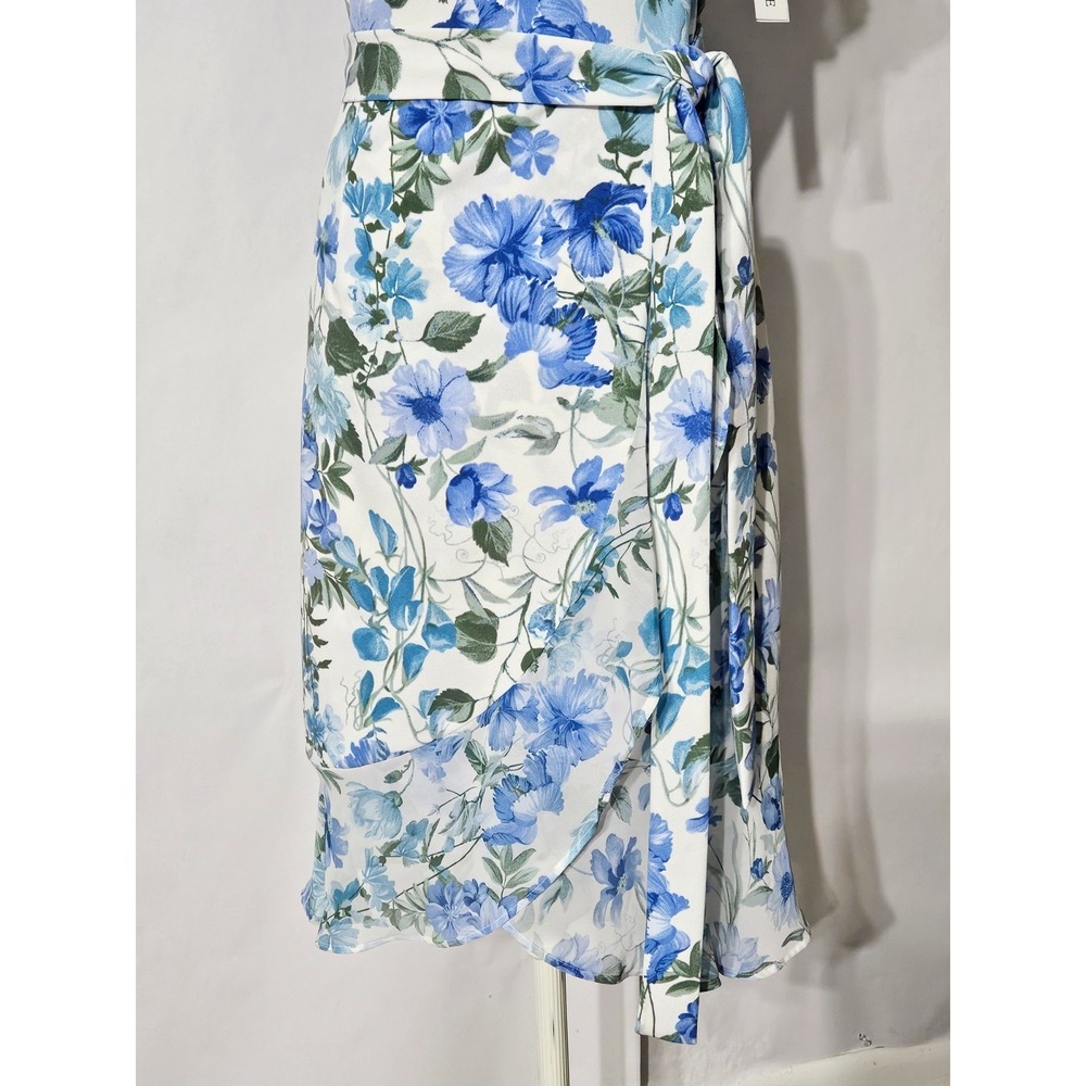 Shelby & Palmer Blue Floral Faux Wrap Ruffle Belted Sheath Dress - Picture 5 of 12